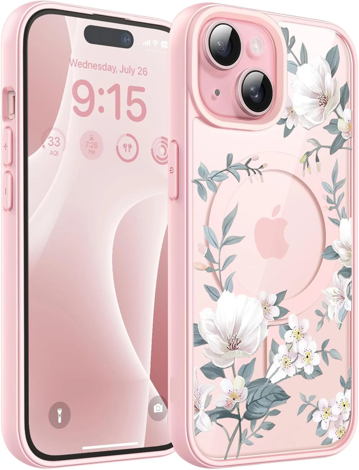 VONZEE Floral Clear Case for iPhone 15 (6.1") | Luxury Retro Flower Magnetic Shockproof Cover – Pink | DoorSewa Nepal
