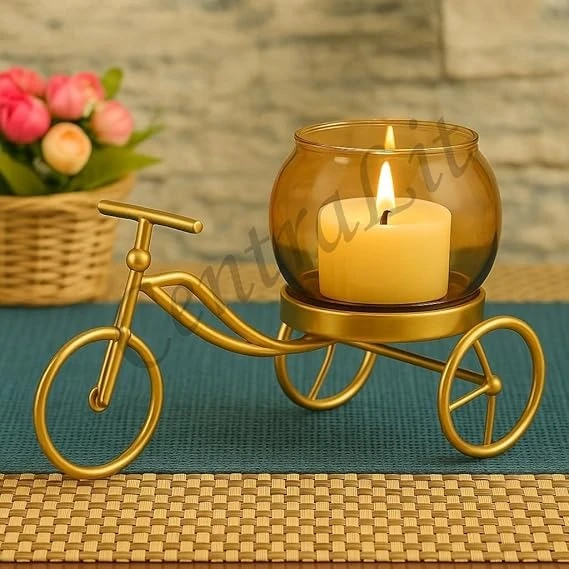 Gold Decorative Bicycle Holder with Golden Glass | Home Decor Showpiece for Living Room, Bedroom, Table Decoration | Decor Stand