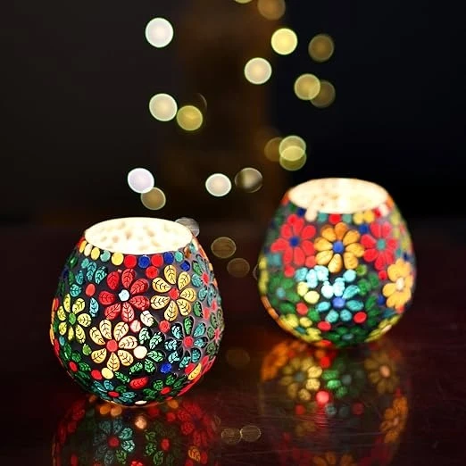 Homesake Tealight Candle Holders for Home Decor, Mosaic Glass, Flowers Diwali Decoration Items, Diwali Decoration Item for Home Decor | Pack of 2