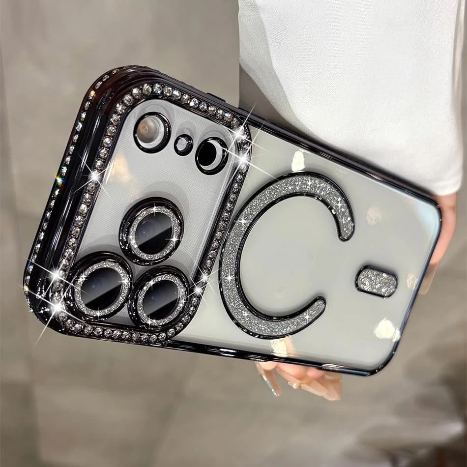 for iPhone 17 Pro Max Magnetic Glitter Case,Luxury Bling Rhinestone Diamond Plated Bumper Case Sparkle Camera Lens Protection Clear Cover for iPhone 17 Pro Max (Black
